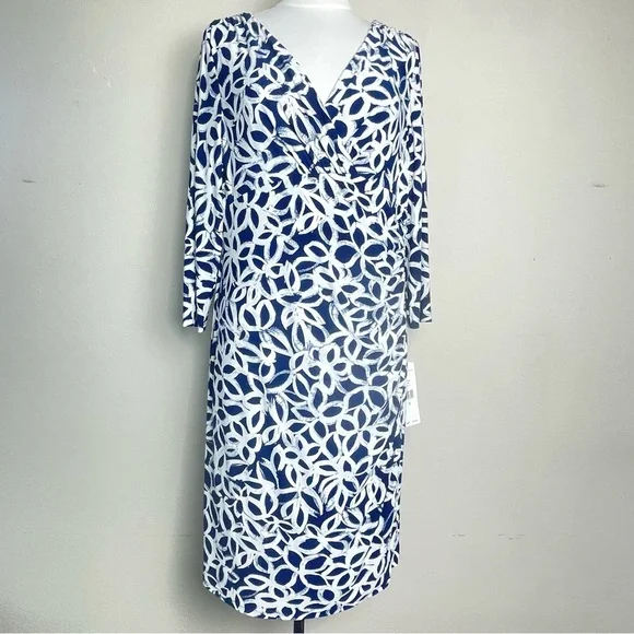 NWT Lauren Ralph Lauren White & Blue Dress | Ruched Faux Wrap V-Neck | 16 - Picture 4 of 14